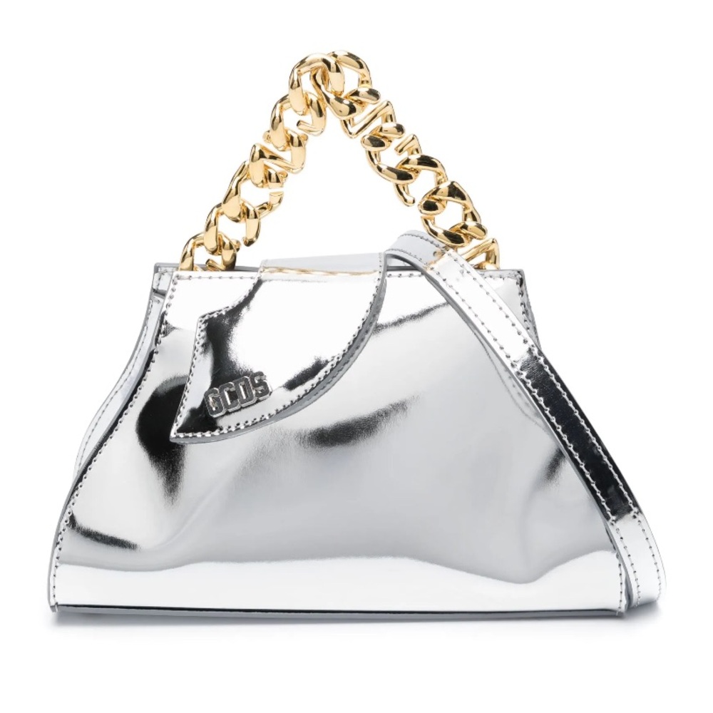 GCDS 2-way Metallic Handbag Logo Chain Handle Detachable Strap, Magnetic Flap